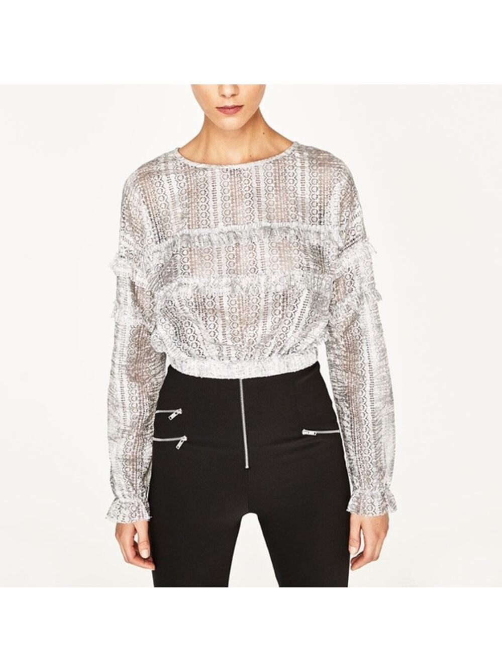 Zara Printed Lace Top with Frills Silver Gray White Small New